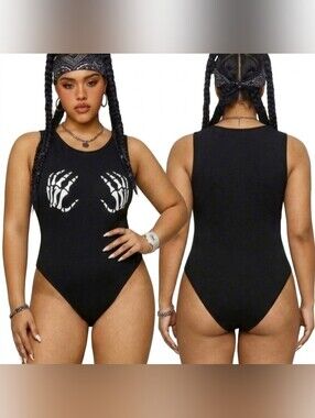 Shein blk skeleton hands holding chest graphic high cut bikini bodysuit 16 NWT